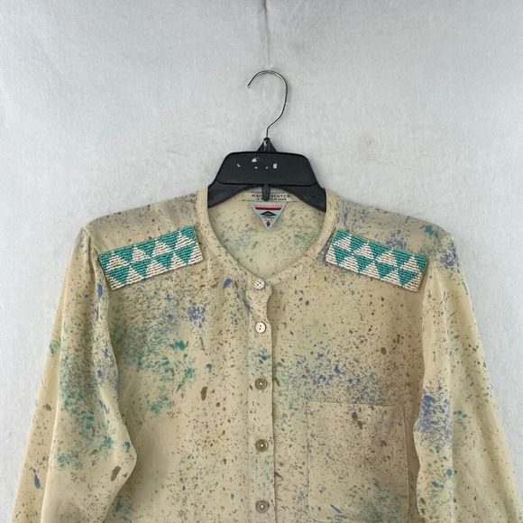 Maison Scotch Tops Womens Sz 2 Beige Green Abstract Long Sleeve Button Up Blouse - Picture 6 of 12